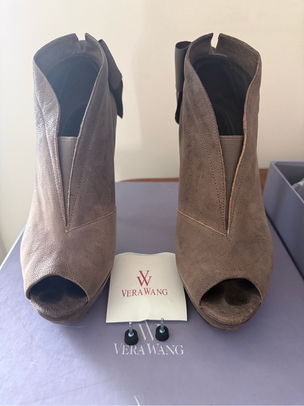 Vera Wang Lavender Label Taupe Suede Peep-Toe Booties with Back Bow